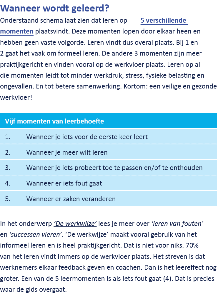 Wanneer wordt geleerd? Onderstaand schema laat zien dat leren op 5 verschillende momenten plaatsvindt. Deze momenten ...