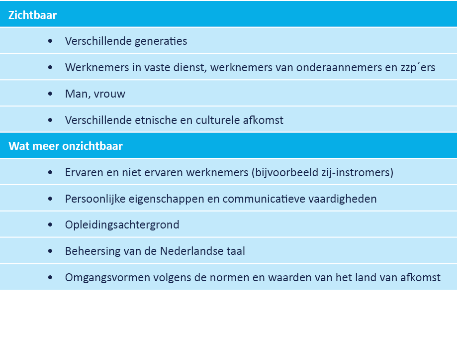 Zichtbaar,Verschillende generaties,Werknemers in vaste dienst, werknemers van onderaannemers en zzp´ers,Man, vrouw,Ve...